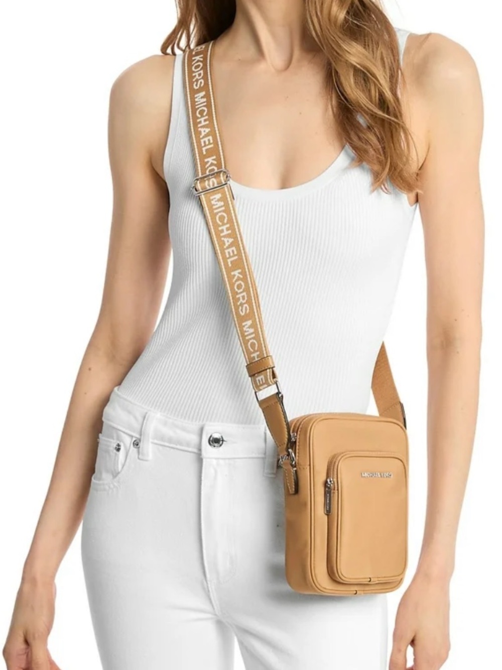 NWT Michael Kors Khai Nylon Crossbody Bag Peanut SIGNATURE GUITAR Strap